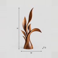 Leaf Form Wood Sculpture With Layered Blades Rising From One Base dimension diagram with width, height and depth