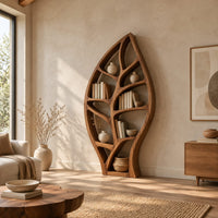 Leaf shaped wooden bookshelf with branching vein dividers and a slim stem base in a bright open plan living room