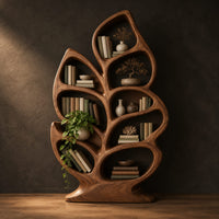 Leaf shaped bookshelf with branching veins forming oval shelves in a dark studio against a charcoal plaster wall