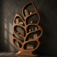 Leaf shaped bookshelf with branching veins forming oval shelves, three-quarter view showing the grain