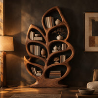 Leaf shaped bookshelf with branching veins forming oval shelves in a dark living room at golden hour