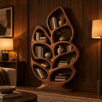 Leaf shaped bookshelf with branching veins forming oval shelves in an evening living room with walnut wall paneling