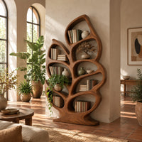 Leaf shaped bookshelf with branching veins forming oval shelves in a bright living room with arched windows and plants