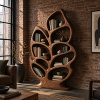 Leaf shaped bookshelf with branching veins forming oval shelves in an industrial loft living room with exposed brick