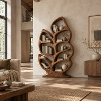 Leaf shaped bookshelf with branching veins forming oval shelves in a bright open plan living room