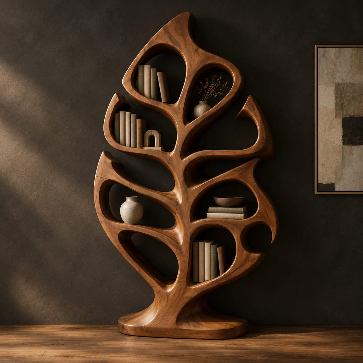 Leaf shaped bookshelf with vein like open shelves on an oval base in a dark studio against a charcoal plaster wall