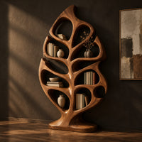 Leaf shaped bookshelf with vein like open shelves on an oval base, three-quarter view showing the grain
