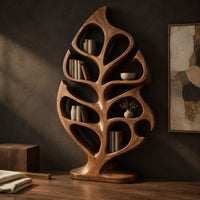 Corner detail of leaf shaped bookshelf with vein like open shelves on an oval base beside wood, brass and linen samples