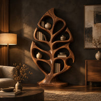 Leaf shaped bookshelf with vein like open shelves on an oval base in a dark living room at golden hour