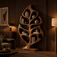 Leaf shaped bookshelf with vein like open shelves on an oval base in an evening living room with walnut wall paneling