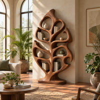 Leaf shaped bookshelf with vein like open shelves on an oval base in a bright living room with arched windows and plants