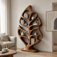 Leaf shaped bookshelf with vein like open shelves on an oval base in a Scandinavian living room with white walls