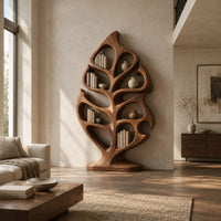 Leaf shaped bookshelf with vein like open shelves on an oval base in a bright open plan living room
