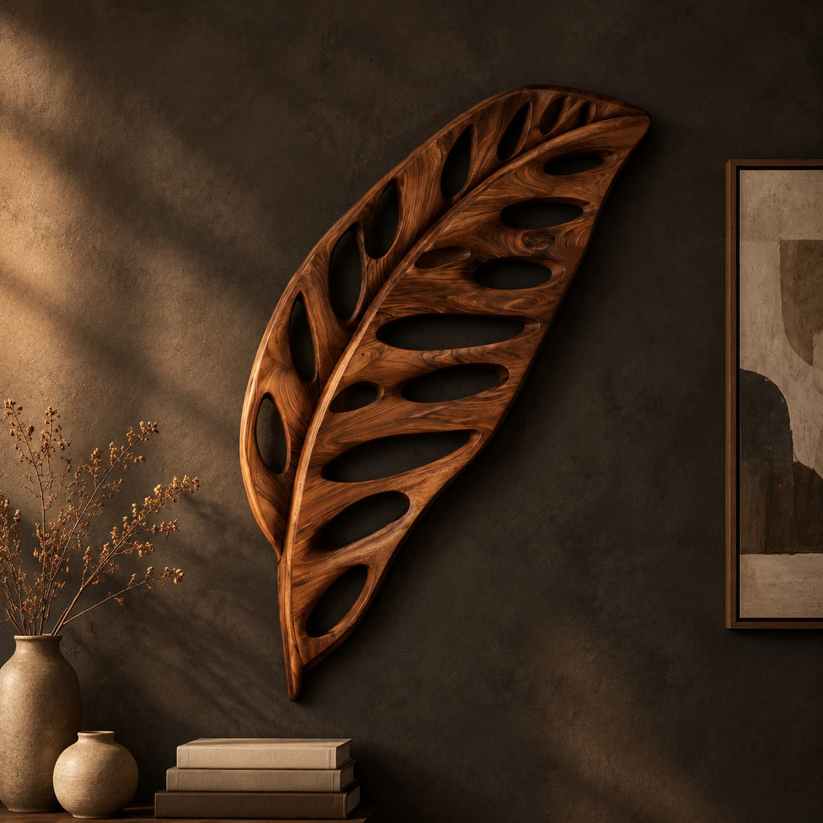 Leaf shaped wooden wall sculpture with open oval cutouts and carved veins on a dark charcoal plaster wall