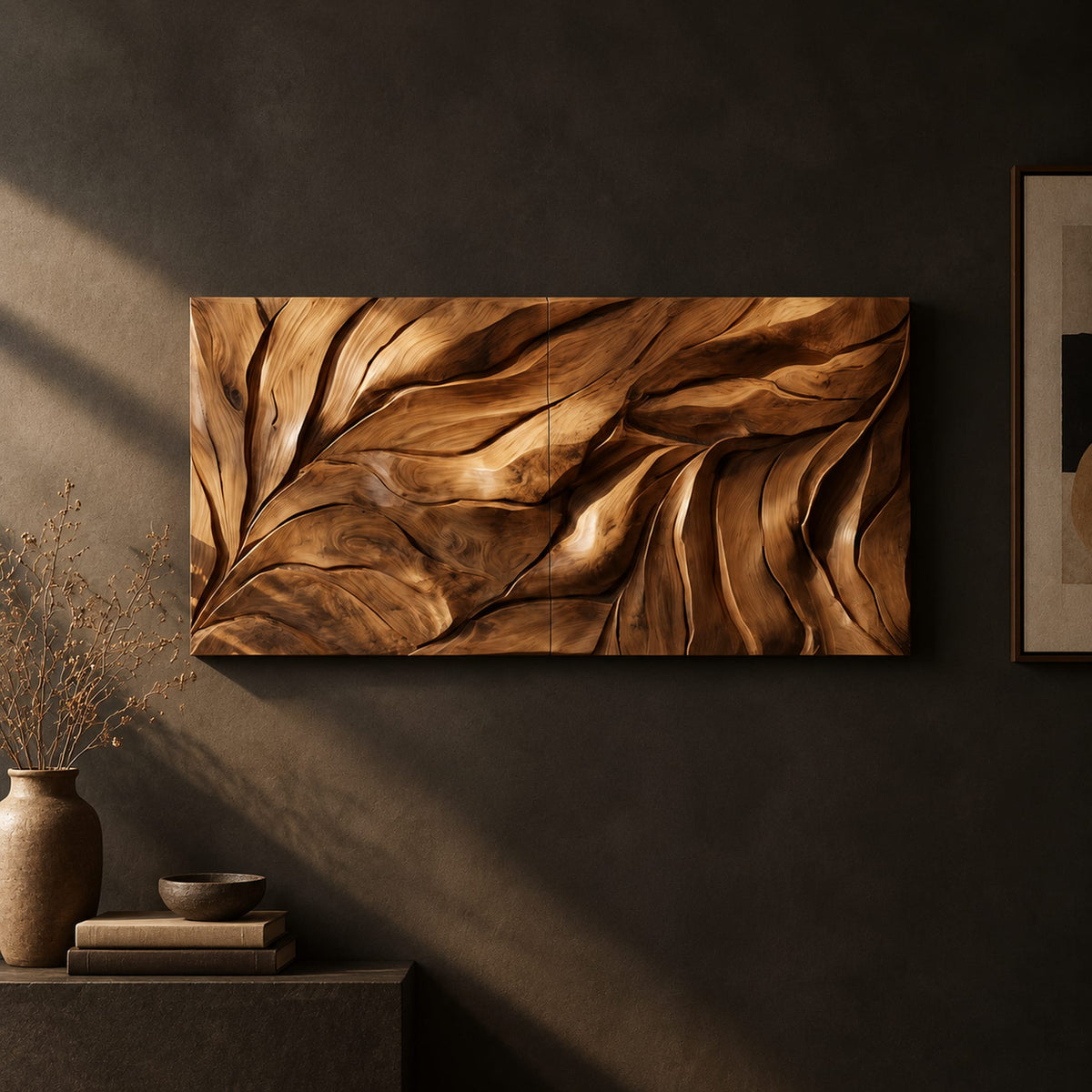Wide wall art panel carved with flowing leaf veins in deep relief on a dark charcoal plaster wall