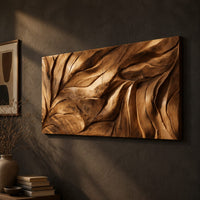 Wide wall art panel carved with flowing leaf veins in deep relief, three-quarter view showing the carved depth
