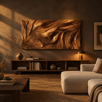 Wide wall art panel carved with flowing leaf veins in deep relief above a low console in an evening living room