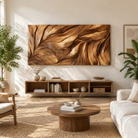 Wide wall art panel carved with flowing leaf veins in deep relief in a bright sunroom with green plants
