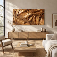 Wide wall art panel carved with flowing leaf veins in deep relief above a light oak sideboard in daylight
