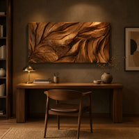 Wide wall art panel carved with flowing leaf veins in deep relief above a desk in a dark study corner