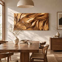 Wide wall art panel carved with flowing leaf veins in deep relief beside a dining table in natural light