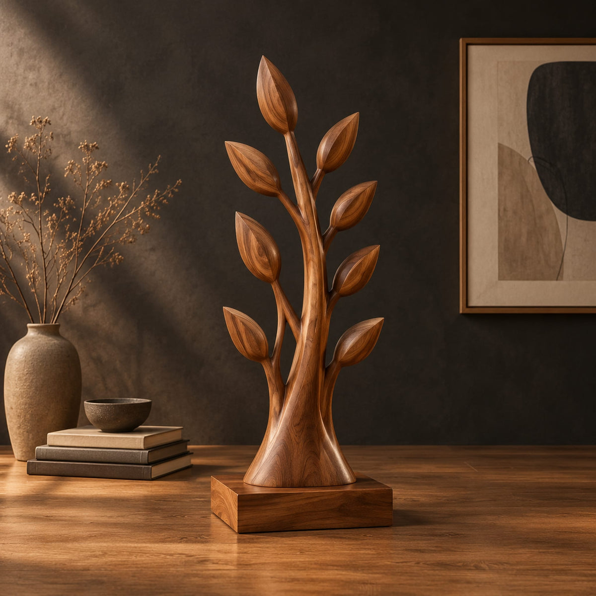 Tree shaped wood sculpture with leaf tips and a flared trunk in a dark studio against a charcoal plaster wall