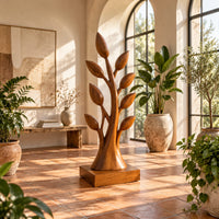 Tree shaped wood sculpture with leaf tips and a flared trunk in a bright living room with arched windows and plants