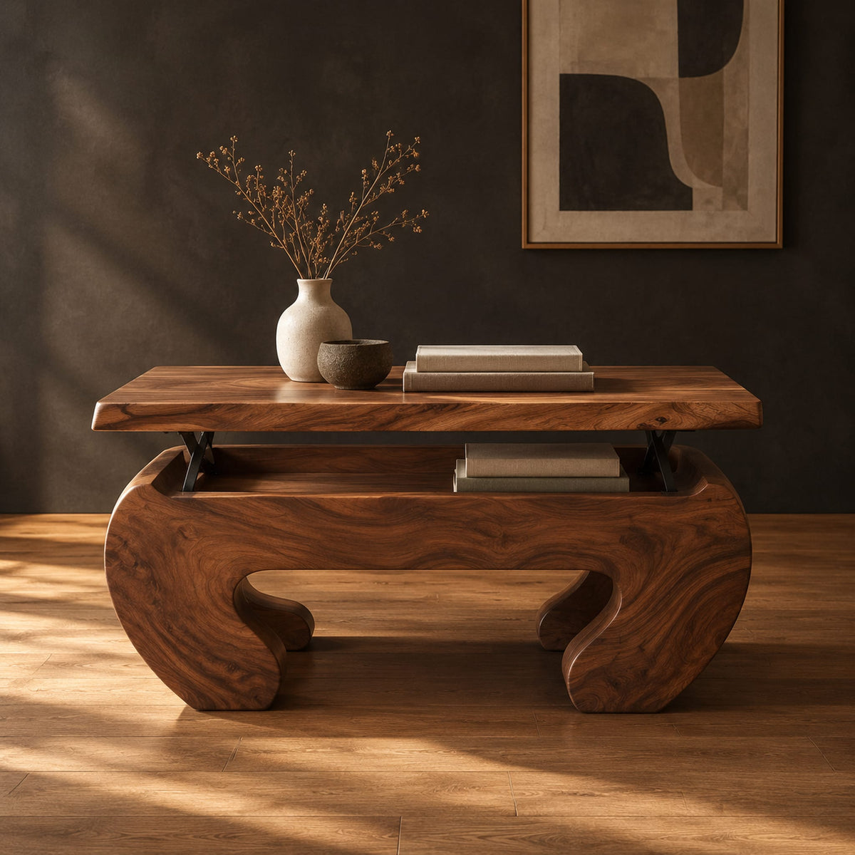 Lift top coffee table with scroll shaped legs and a bay below the top in a dark studio against a charcoal plaster wall
