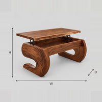 Lift Top Coffee Table, Scroll Shaped Legs, Storage Bay dimension diagram with width, height and depth