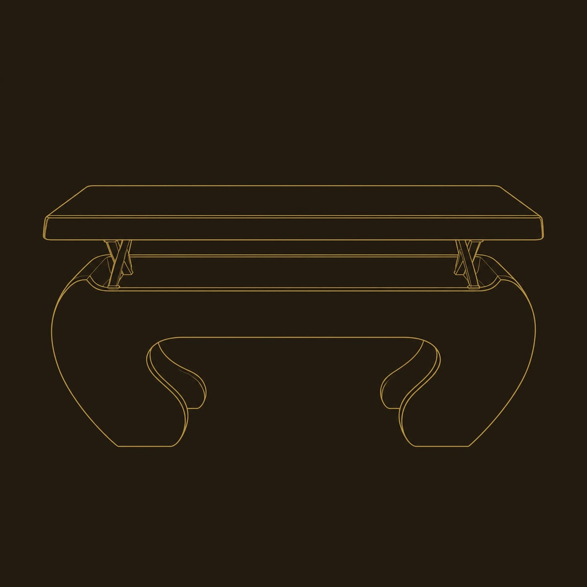 Lift Top Coffee Table, Scroll Shaped Legs, Storage Bay dimension diagram