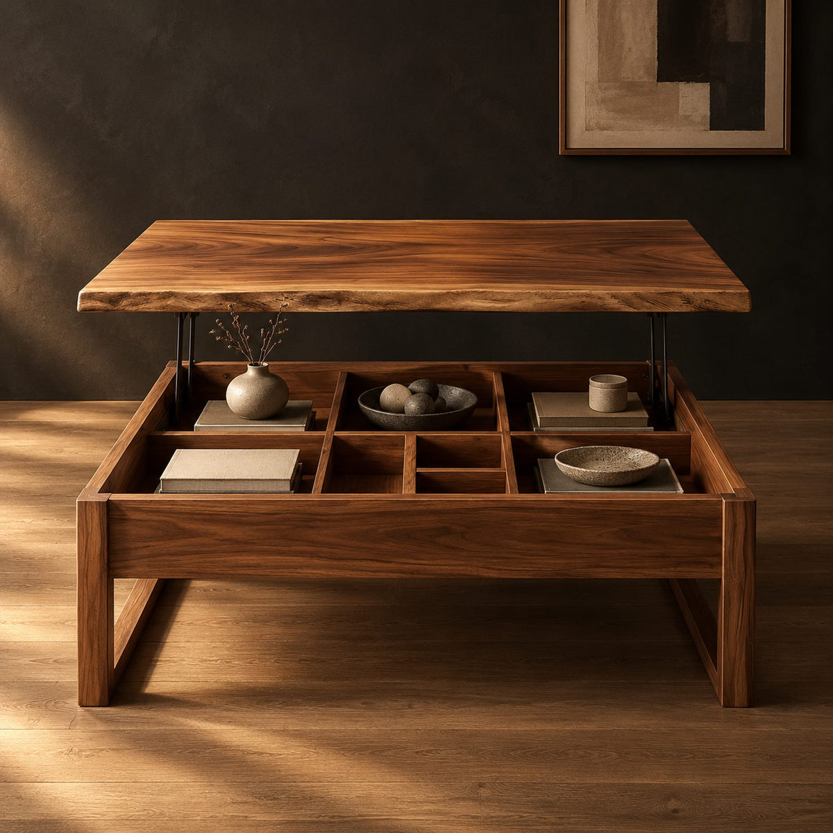 Wooden lift top coffee table with divided compartments and square frame legs in a dark studio against a charcoal plaster wall
