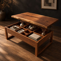 Wooden lift top coffee table with divided compartments and square frame legs, three-quarter view showing the grain