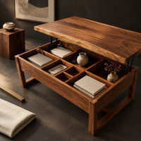 Corner detail of wooden lift top coffee table with divided compartments and square frame legs beside wood, brass and linen samples