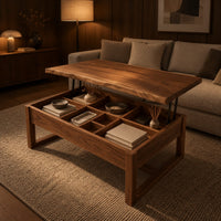 Wooden lift top coffee table with divided compartments and square frame legs in an evening living room with walnut wall paneling