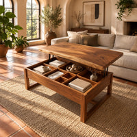 Wooden lift top coffee table with divided compartments and square frame legs in a bright living room with arched windows and plants