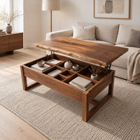Wooden lift top coffee table with divided compartments and square frame legs in a Scandinavian living room with white walls