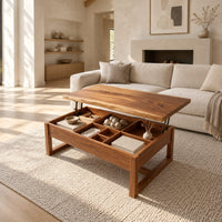 Wooden lift top coffee table with divided compartments and square frame legs in a bright open plan living room