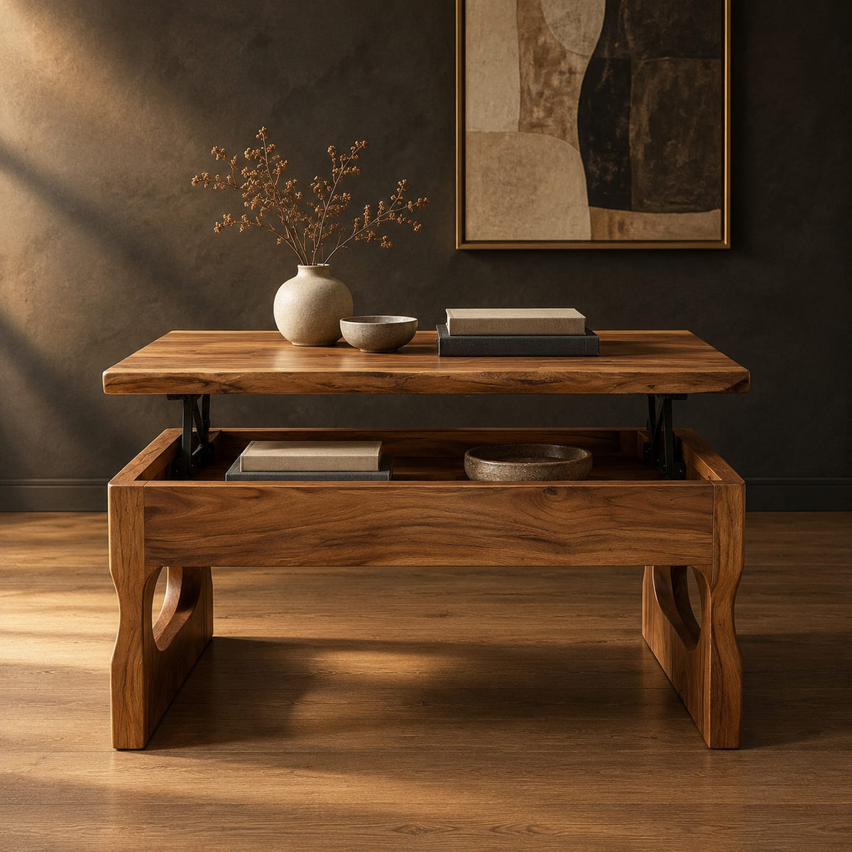 Lift top coffee table with open compartment and bean shaped cutout legs in a dark studio against a charcoal plaster wall