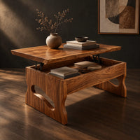 Lift top coffee table with open compartment and bean shaped cutout legs, three-quarter view showing the grain