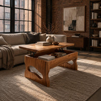 Lift top coffee table with open compartment and bean shaped cutout legs in an industrial loft living room with exposed brick