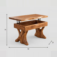 Lift Top Coffee Table With Twin Trunk Legs And Deep Well dimension diagram with width, height and depth