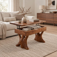 Lift top coffee table with a natural edge top and two trunk shaped legs in a Scandinavian living room with white walls