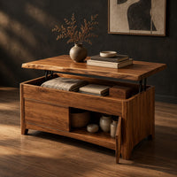 Wood coffee table with a lifting live edge top and an open side shelf, three-quarter view showing the grain