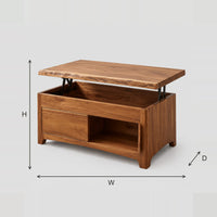 Lift Top Live Edge Coffee Table With Storage Bay dimension diagram with width, height and depth