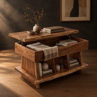 Lift top coffee table with a live edge top and open cubby shelves, three-quarter view showing the grain