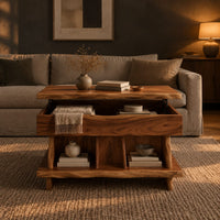 Lift top coffee table with a live edge top and open cubby shelves in a dark living room at golden hour