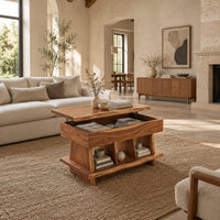 Lift top coffee table with a live edge top and open cubby shelves in a bright open plan living room