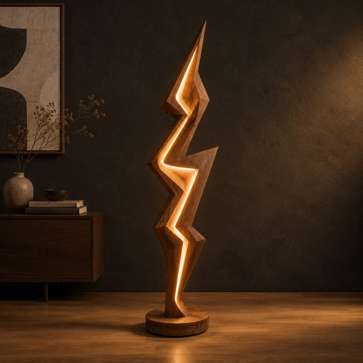 Lightning bolt floor lamp with angular faceted sides and a glowing seam in a dark studio against a charcoal plaster wall