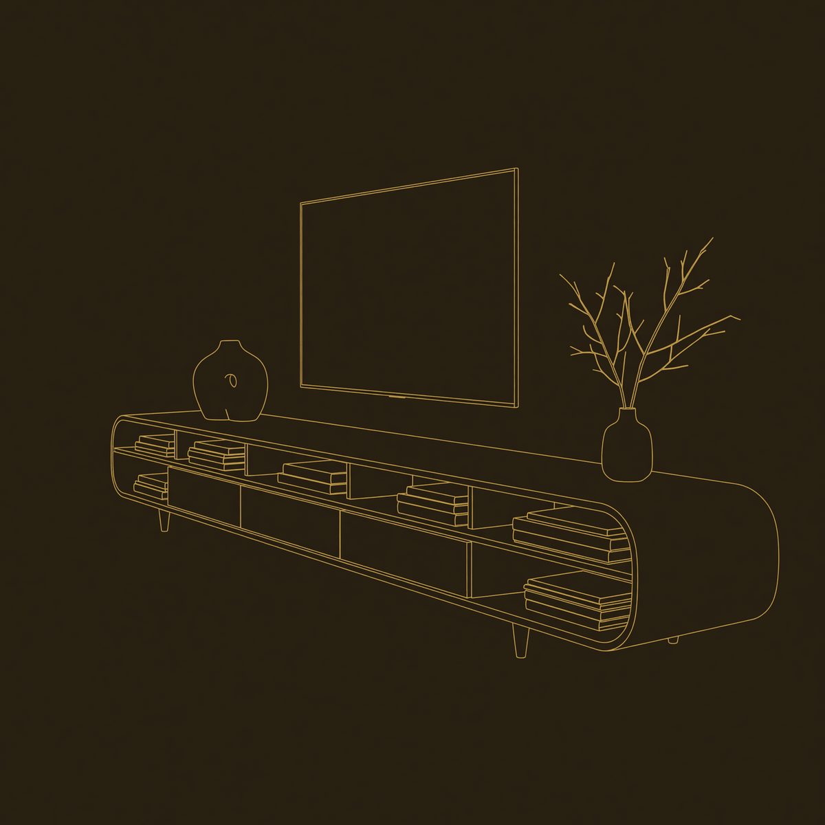Long Walnut TV Console on Tapered Legs with Open Cubbies dimension diagram