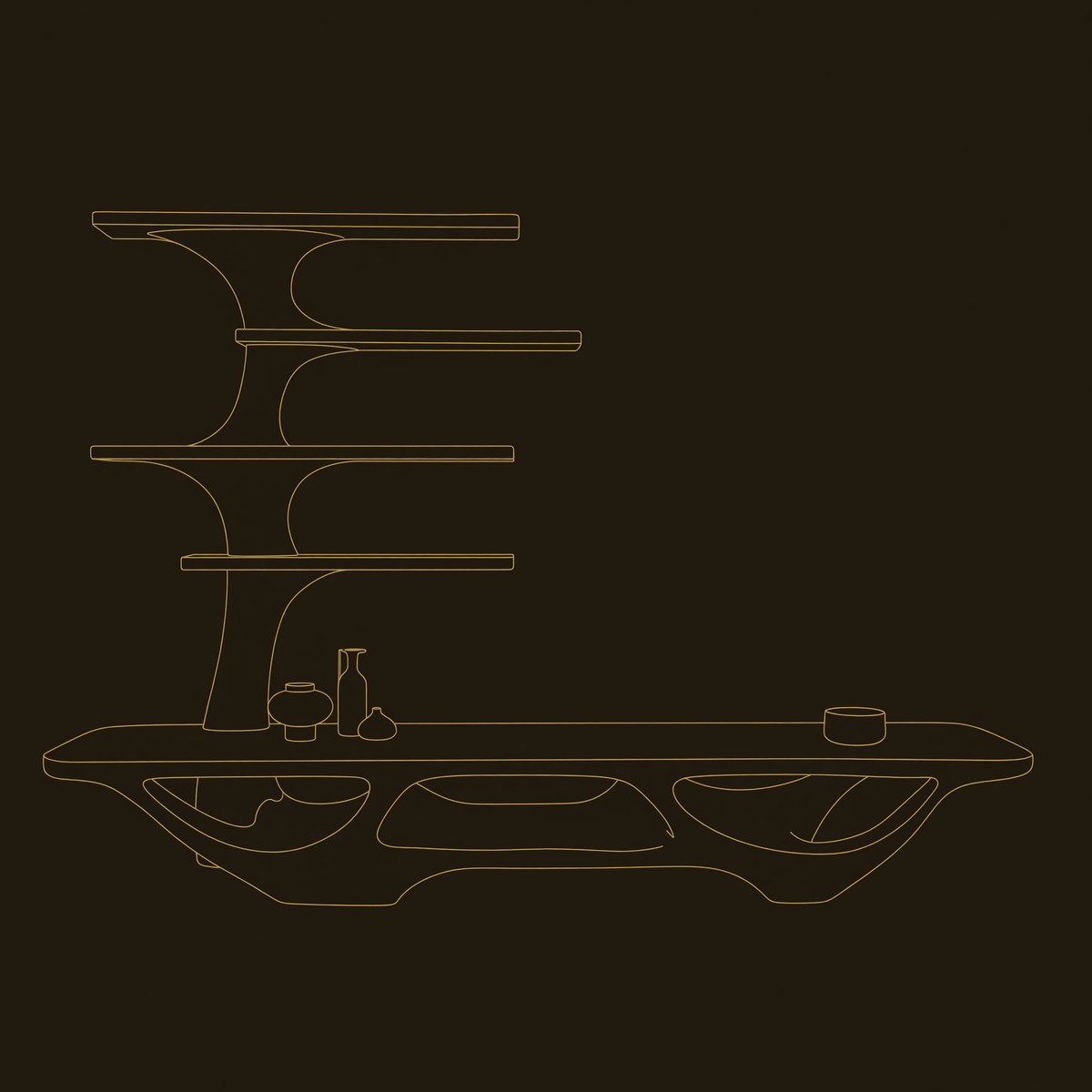 Organic Branching TV Console with Multi-Level Display Shelves dimension diagram